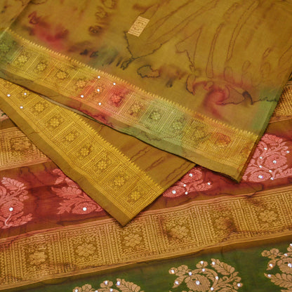 Indian Vintage Sari Green Pure Silk Hand Beaded/Woven Sarees 5Yd Craft Fabric Ethnic Upcycle Crafting Dress Making Dress Designing Used