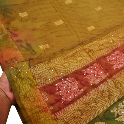 Indian Vintage Sari Green Pure Silk Hand Beaded/Woven Sarees 5Yd Craft Fabric Ethnic Upcycle Crafting Dress Making Dress Designing Used