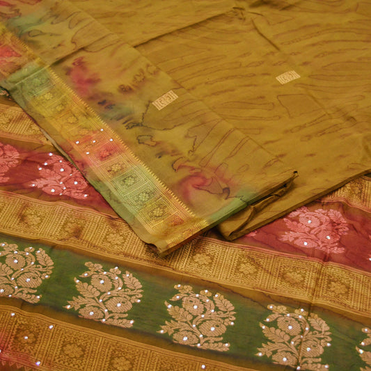 Indian Vintage Sari Green Pure Silk Hand Beaded/Woven Sarees 5Yd Craft Fabric Ethnic Upcycle Crafting Dress Making Dress Designing Used