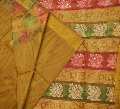 Indian Vintage Sari Green Pure Silk Hand Beaded/Woven Sarees 5Yd Craft Fabric Ethnic Upcycle Crafting Dress Making Dress Designing Used