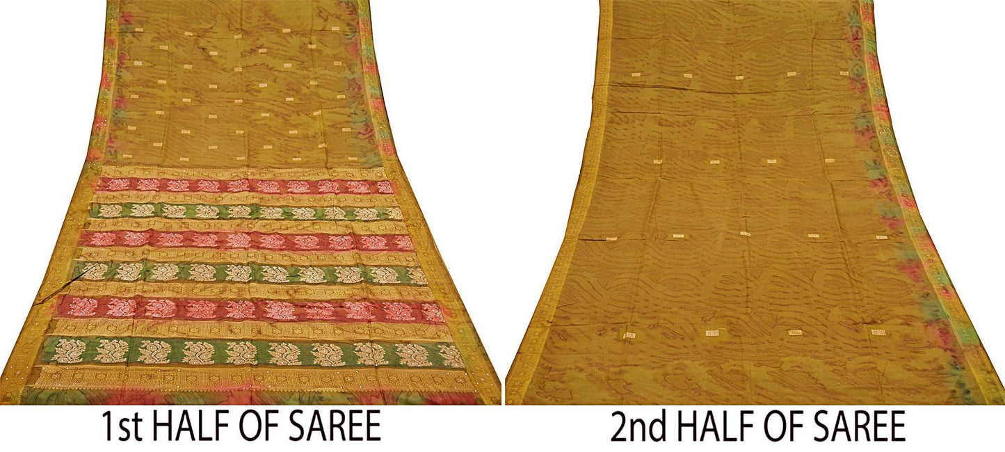 Indian Vintage Sari Green Pure Silk Hand Beaded/Woven Sarees 5Yd Craft Fabric Ethnic Upcycle Crafting Dress Making Dress Designing Used