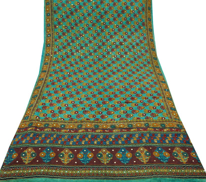 Indian Vintage Sari Green 100% Pure Silk Hand Embroidered Sarees 5yd Craft Fabric Zari Sequins Ethnic Upcycle Quilting Crafting Dress Making