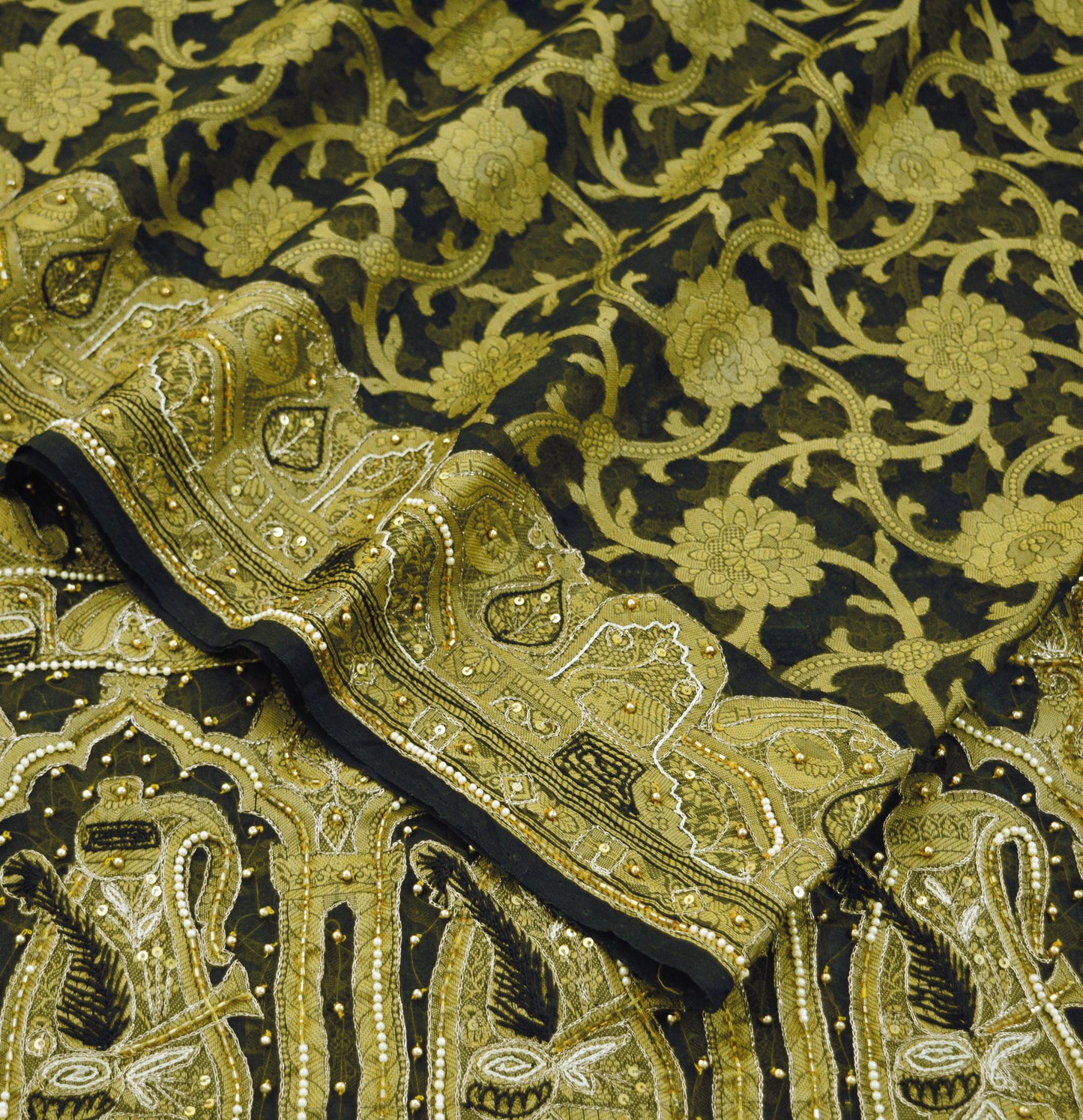 Indian Vintage Sari Black Hand Embroidered Pure Organza Silk Saree Fabric 6Yard Ethnic Floral Fringes zari