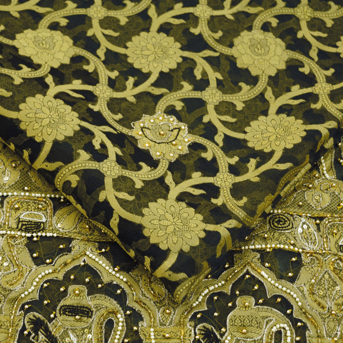 Indian Vintage Sari Black Hand Embroidered Pure Organza Silk Saree Fabric 6Yard Ethnic Floral Fringes zari