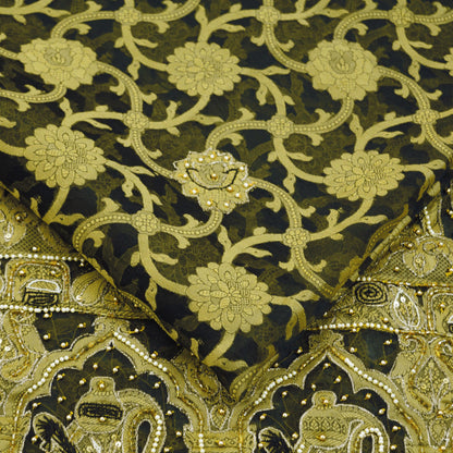 Indian Vintage Sari Black Hand Embroidered Pure Organza Silk Saree Fabric 6Yard Ethnic Floral Fringes zari