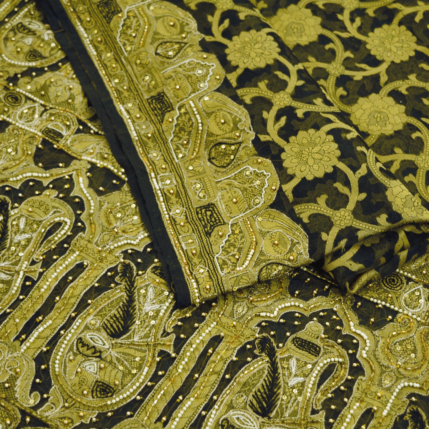 Indian Vintage Sari Black Hand Embroidered Pure Organza Silk Saree Fabric 6Yard Ethnic Floral Fringes zari