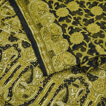 Indian Vintage Sari Black Hand Embroidered Pure Organza Silk Saree Fabric 6Yard Ethnic Floral Fringes zari