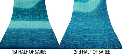 Indian Vintage Sari Blue & Green  Pure Crepe Silk Printed Saree 5yard Sewing Floral Soft Craft Fabric Wrap