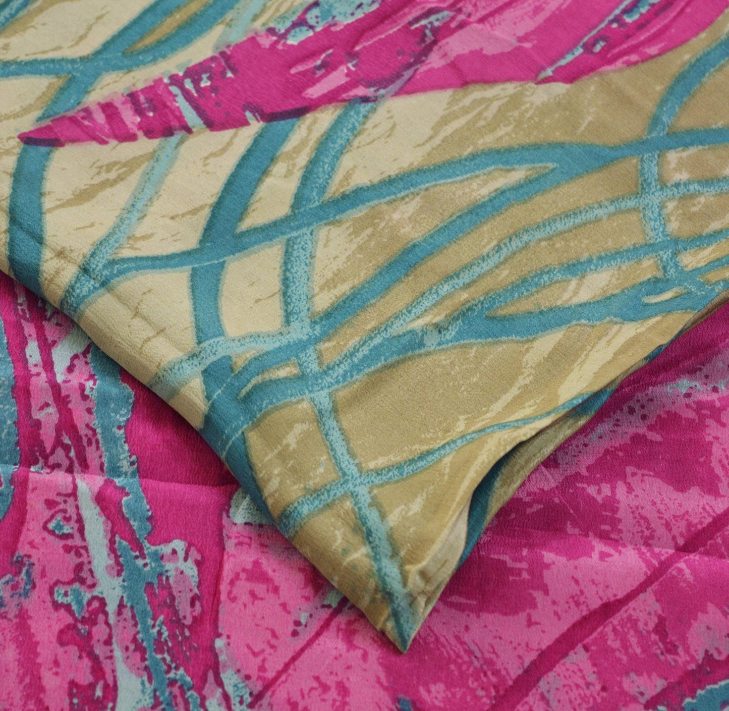 Indian Vintage Sari Beige & Pink Pure Crepe Silk Printed Saree 5yard Sewing Abstract Soft Craft Fabric Wrap