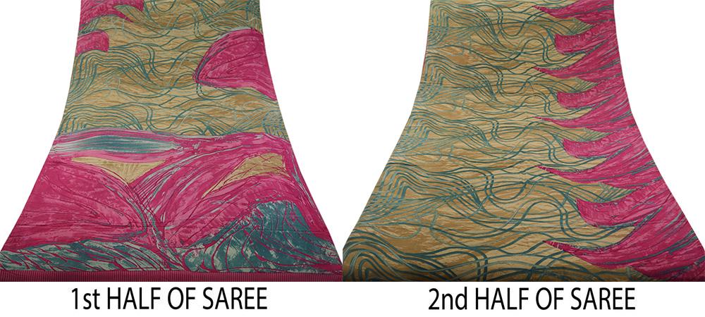 Indian Vintage Sari Beige & Pink Pure Crepe Silk Printed Saree 5yard Sewing Abstract Soft Craft Fabric Wrap