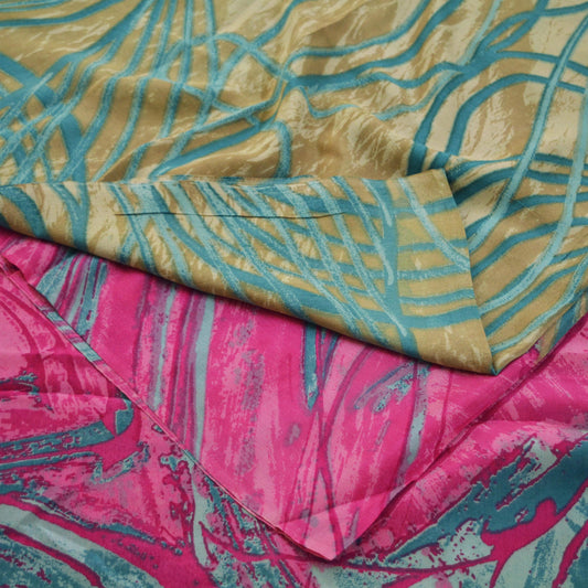 Indian Vintage Sari Beige & Pink Pure Crepe Silk Printed Saree 5yard Sewing Abstract Soft Craft Fabric Wrap