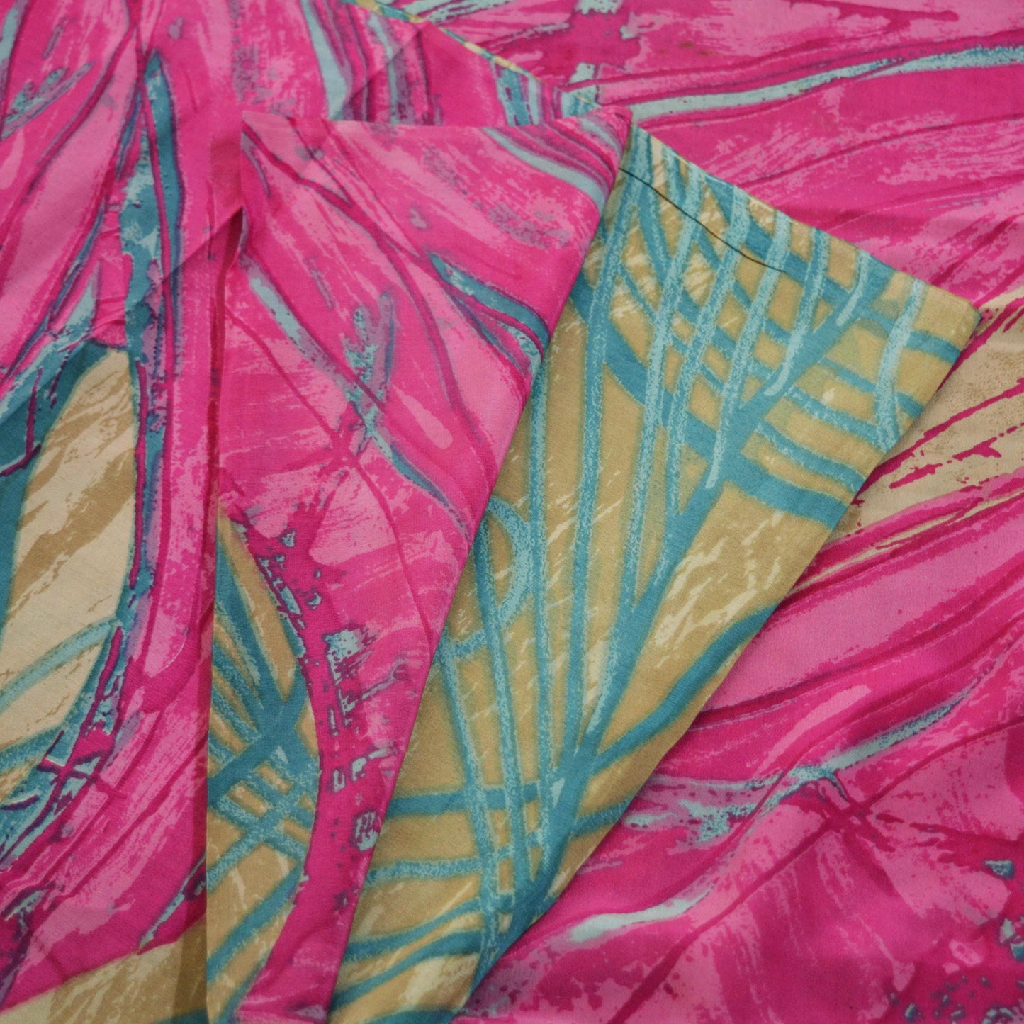 Indian Vintage Sari Beige & Pink Pure Crepe Silk Printed Saree 5yard Sewing Abstract Soft Craft Fabric Wrap