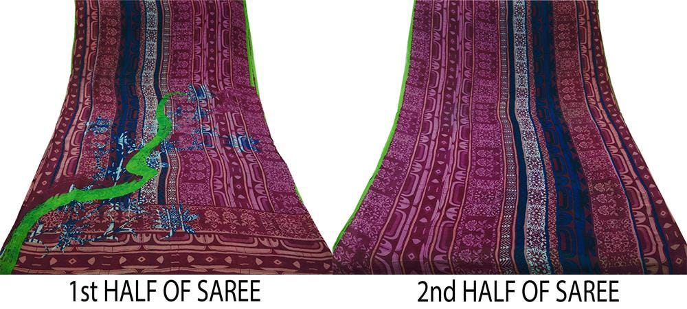 Women Vintage Sari Maroon Pure Georgette Silk Printed Saree Craft Fabric Sewing 6Yard Soft Light Dress Making Floral