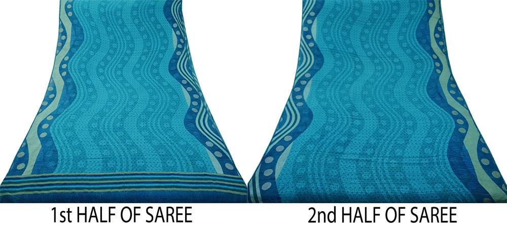 Women Vintage Sari Blue Pure Georgette Silk Printed Saree Craft Fabric Sewing 5Yard Soft Light Dress Making Abstract Zari