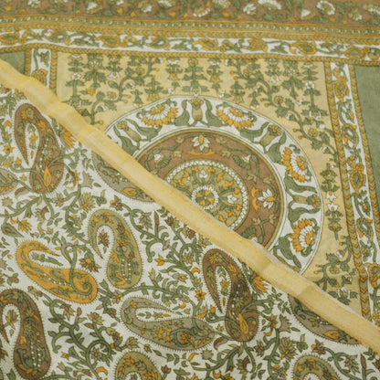 Indian Vintage Sari Ivory & Beige Pure Silk Printed Saree 6yd Sewing Paisley Craft Fabric DressMaking Soft Used Upcycled