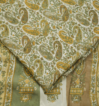 Indian Vintage Sari Ivory & Beige Pure Silk Printed Saree 6yd Sewing Paisley Craft Fabric DressMaking Soft Used Upcycled