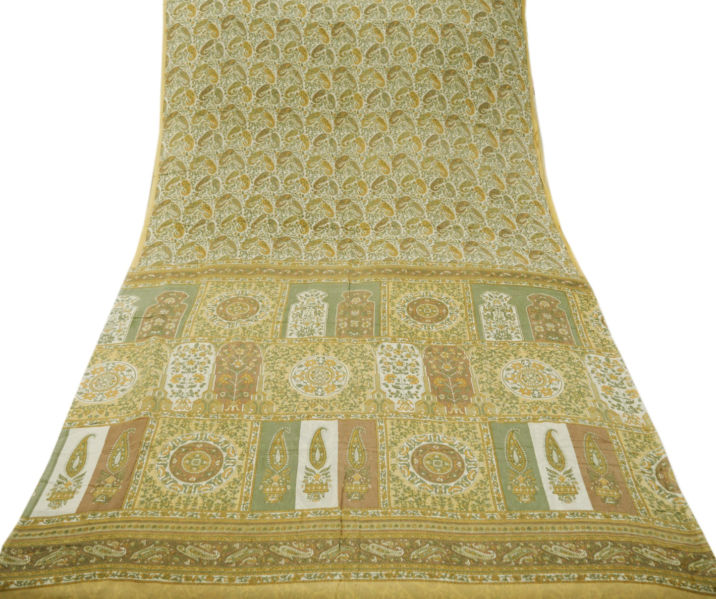 Indian Vintage Sari Ivory & Beige Pure Silk Printed Saree 6yd Sewing Paisley Craft Fabric DressMaking Soft Used Upcycled