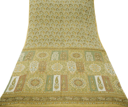 Indian Vintage Sari Ivory & Beige Pure Silk Printed Saree 6yd Sewing Paisley Craft Fabric DressMaking Soft Used Upcycled