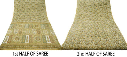 Indian Vintage Sari Ivory & Beige Pure Silk Printed Saree 6yd Sewing Paisley Craft Fabric DressMaking Soft Used Upcycled