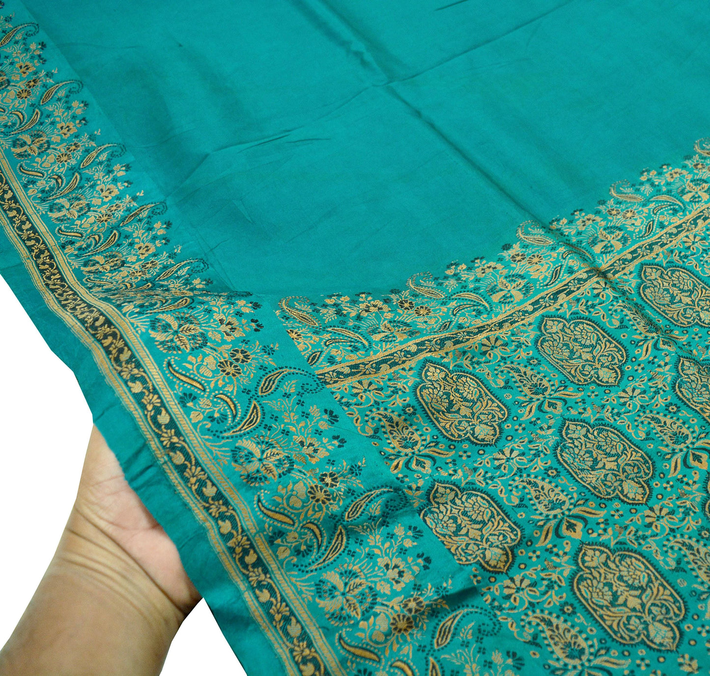 Indian Vintage Heavy Wedding Sari Teal Green Pure Satin Silk Woven Banarasi Tanchoi Sarees 5yd Craft Fabric Sewing Floral Quilting Upcycle