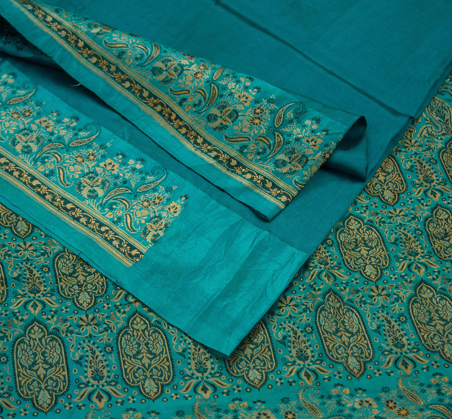 Indian Vintage Heavy Wedding Sari Teal Green Pure Satin Silk Woven Banarasi Tanchoi Sarees 5yd Craft Fabric Sewing Floral Quilting Upcycle