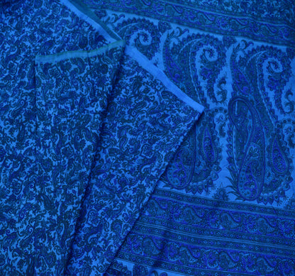 Indian Vintage Sari Blue Pure Silk Printed Sarees 5yd Sewing Craft Fabric Soft Dress Making Wrap Paisley Upcycle Quilting Crafting