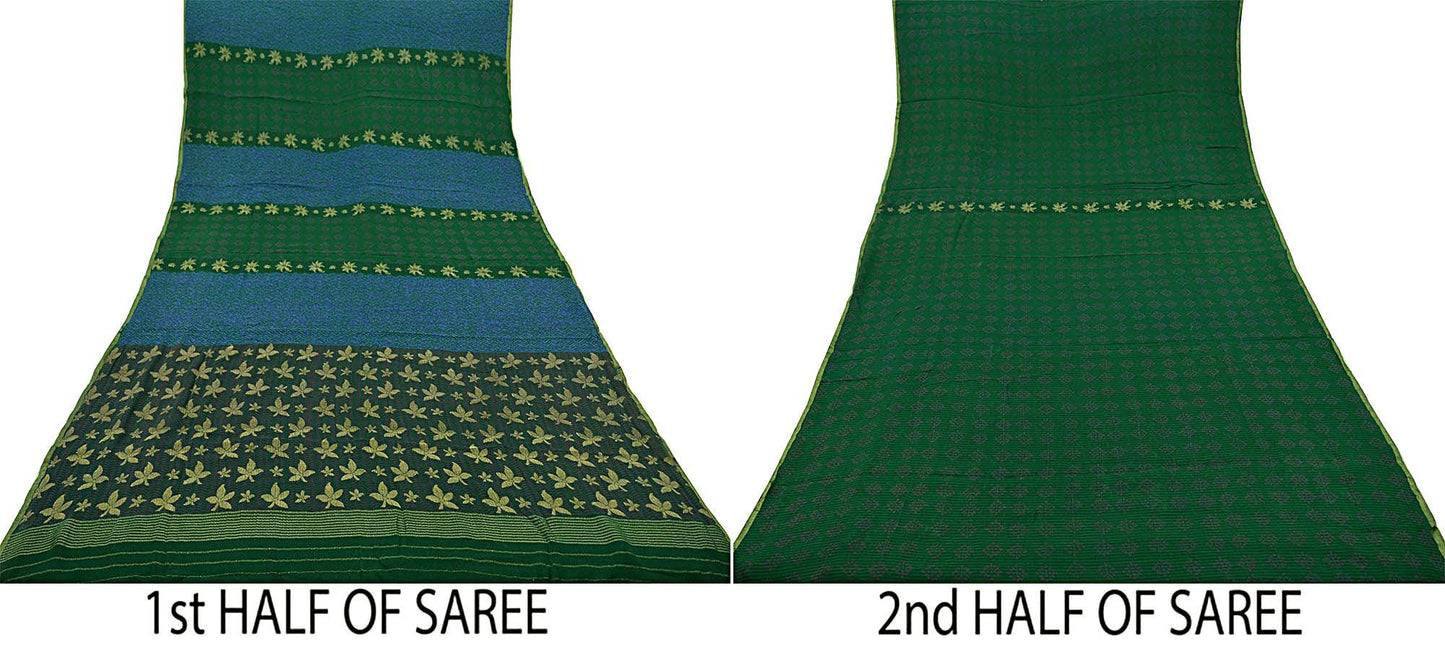 Indian Vintage Sari Green Pure Georgette Silk Printed Hand Woven Sarees 5Yd Craft Fabric Ethnic Soft Upcycle Quilting Bollywood sarees