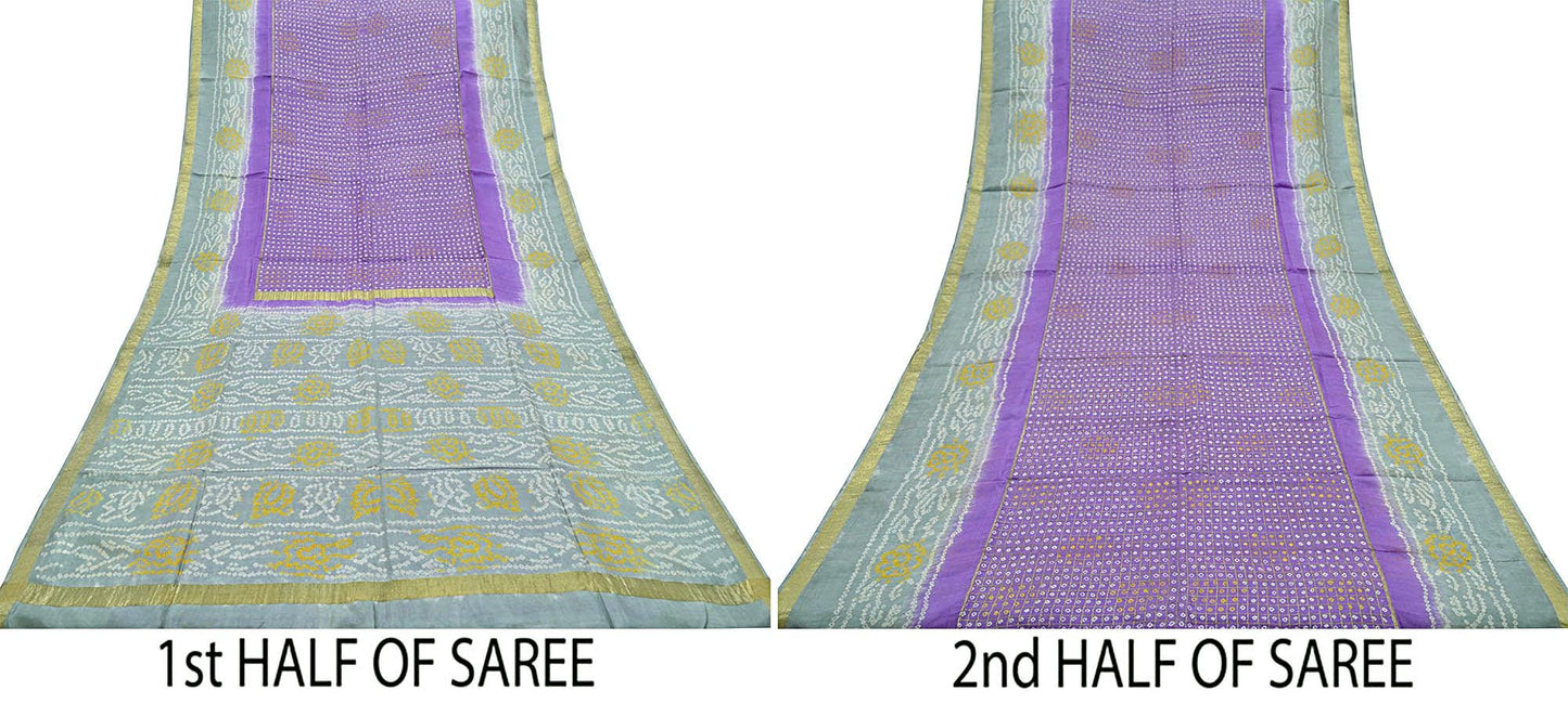 Indian Vintage Sari Purple & Gray Pure Silk Hand Woven Bandhani Sarees 5yd Craft Fabric Sewing Zari Ethnic Bollywood sarees Upcycle Used