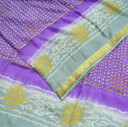 Indian Vintage Sari Purple & Gray Pure Silk Hand Woven Bandhani Sarees 5yd Craft Fabric Sewing Zari Ethnic Bollywood sarees Upcycle Used