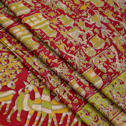Indian Vintage Sari Red Pure Cotton Kalamkari Sarees 5Yd Craft Fabric Sewing Soft Peacock Ethnic Quilting Upcycle Sarong Used Dress Making