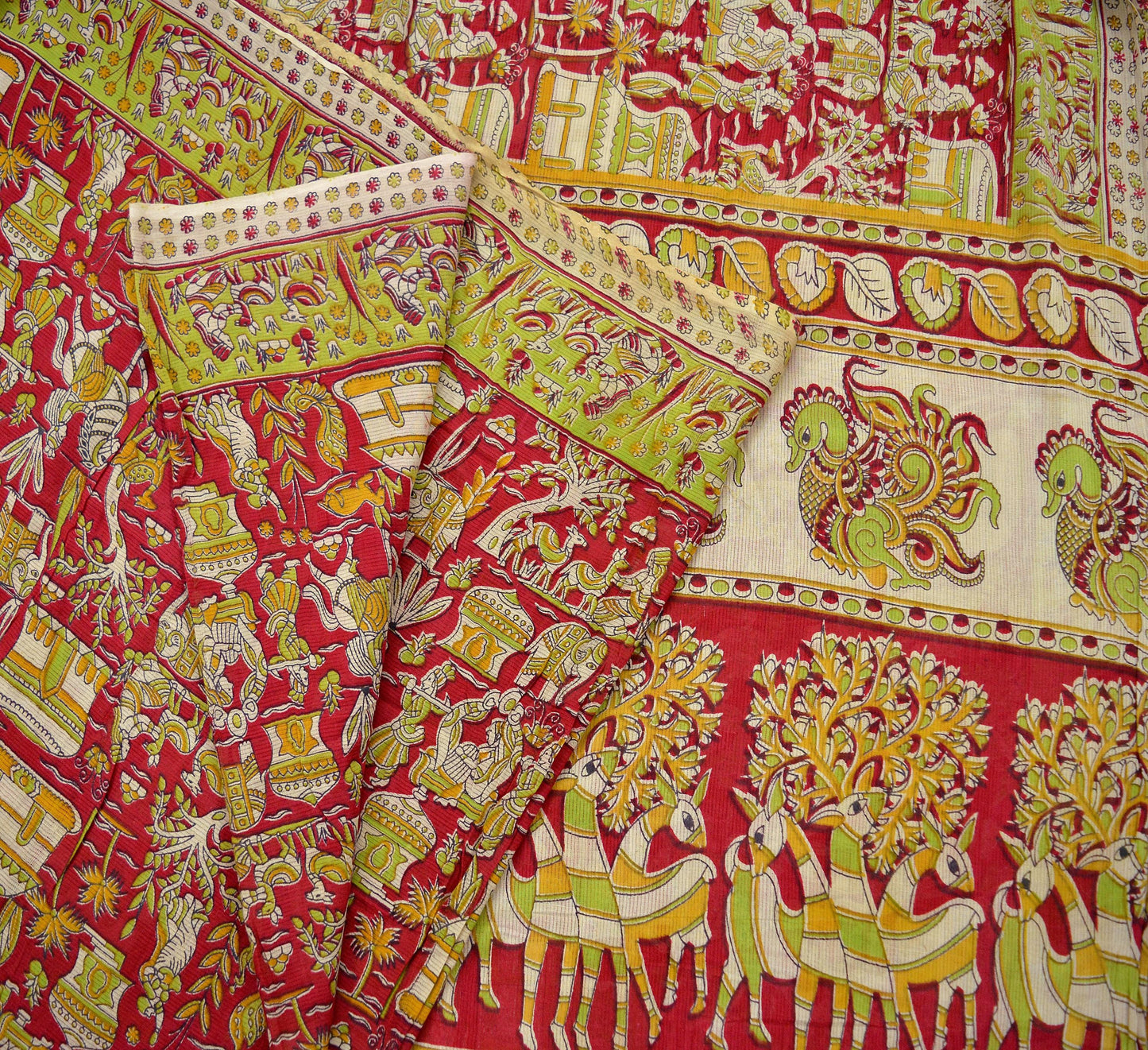 Indian Vintage Sari Red Pure Cotton Kalamkari Sarees 5Yd Craft Fabric Sewing Soft Peacock Ethnic Quilting Upcycle Sarong Used Dress Making