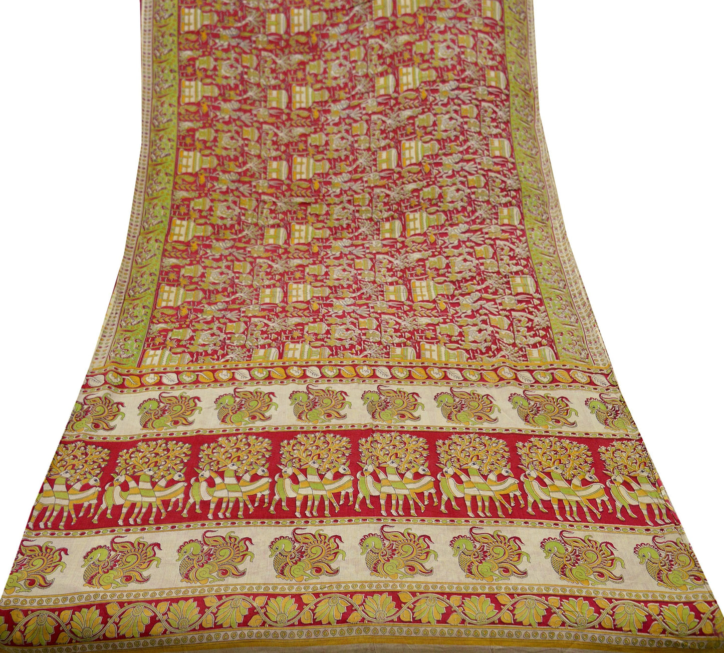 Indian Vintage Sari Red Pure Cotton Kalamkari Sarees 5Yd Craft Fabric Sewing Soft Peacock Ethnic Quilting Upcycle Sarong Used Dress Making