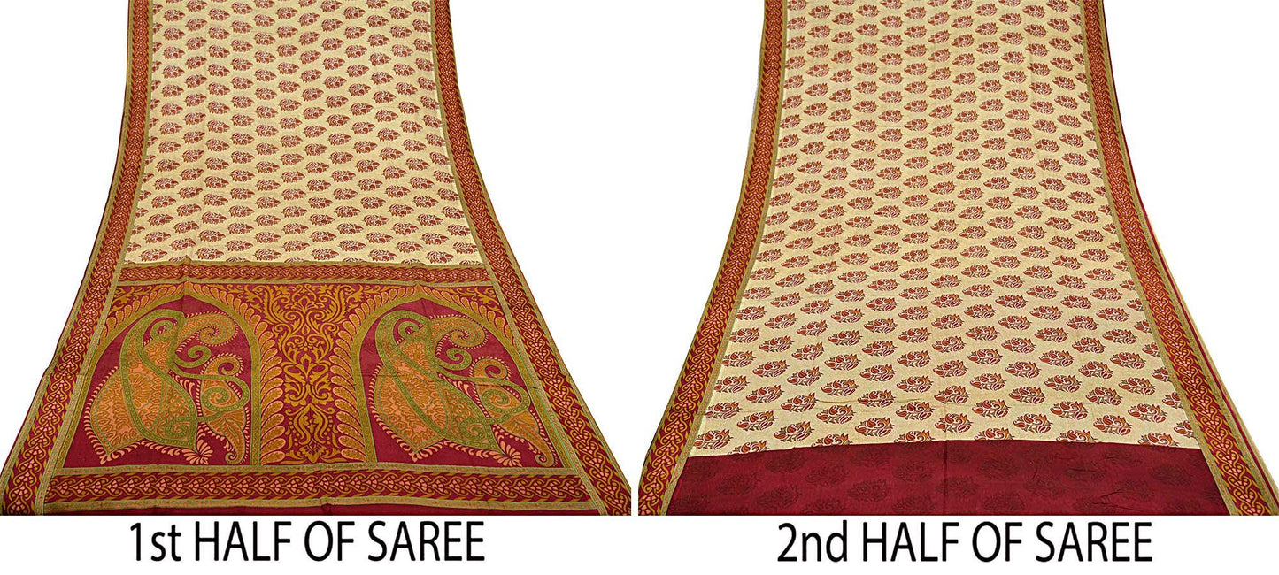 Indian Vintage Sari Red & Beige 100% Pure Silk Printed Sarees 5yd Craft Fabric Sewing Soft Dress Making Paisley Quilting Upcycle Crafting