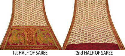 Indian Vintage Sari Red & Beige 100% Pure Silk Printed Sarees 5yd Craft Fabric Sewing Soft Dress Making Paisley Quilting Upcycle Crafting