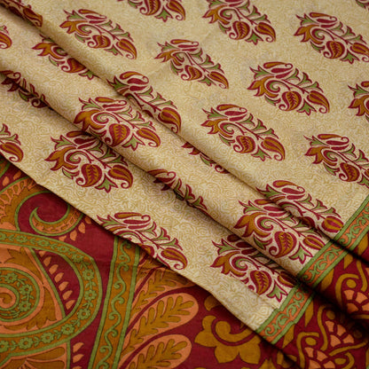 Indian Vintage Sari Red & Beige 100% Pure Silk Printed Sarees 5yd Craft Fabric Sewing Soft Dress Making Paisley Quilting Upcycle Crafting