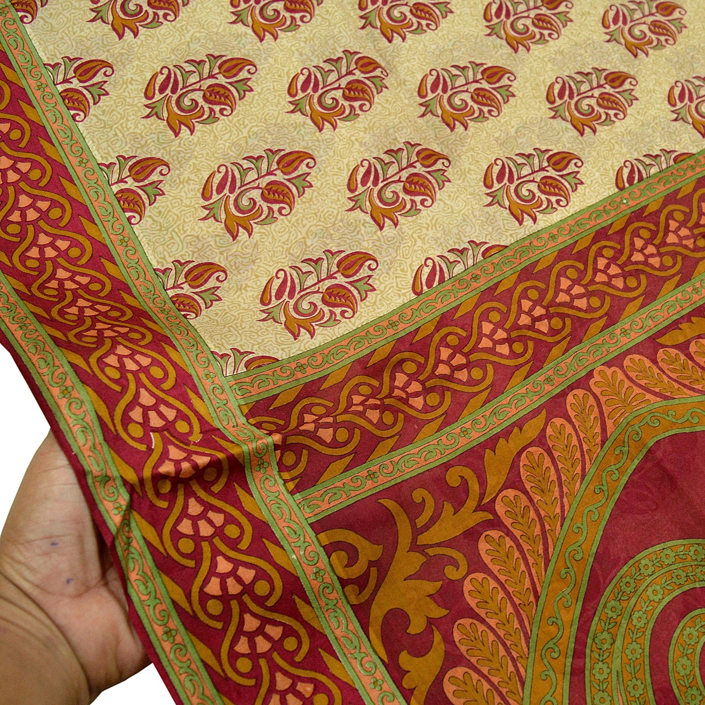 Indian Vintage Sari Red & Beige 100% Pure Silk Printed Sarees 5yd Craft Fabric Sewing Soft Dress Making Paisley Quilting Upcycle Crafting