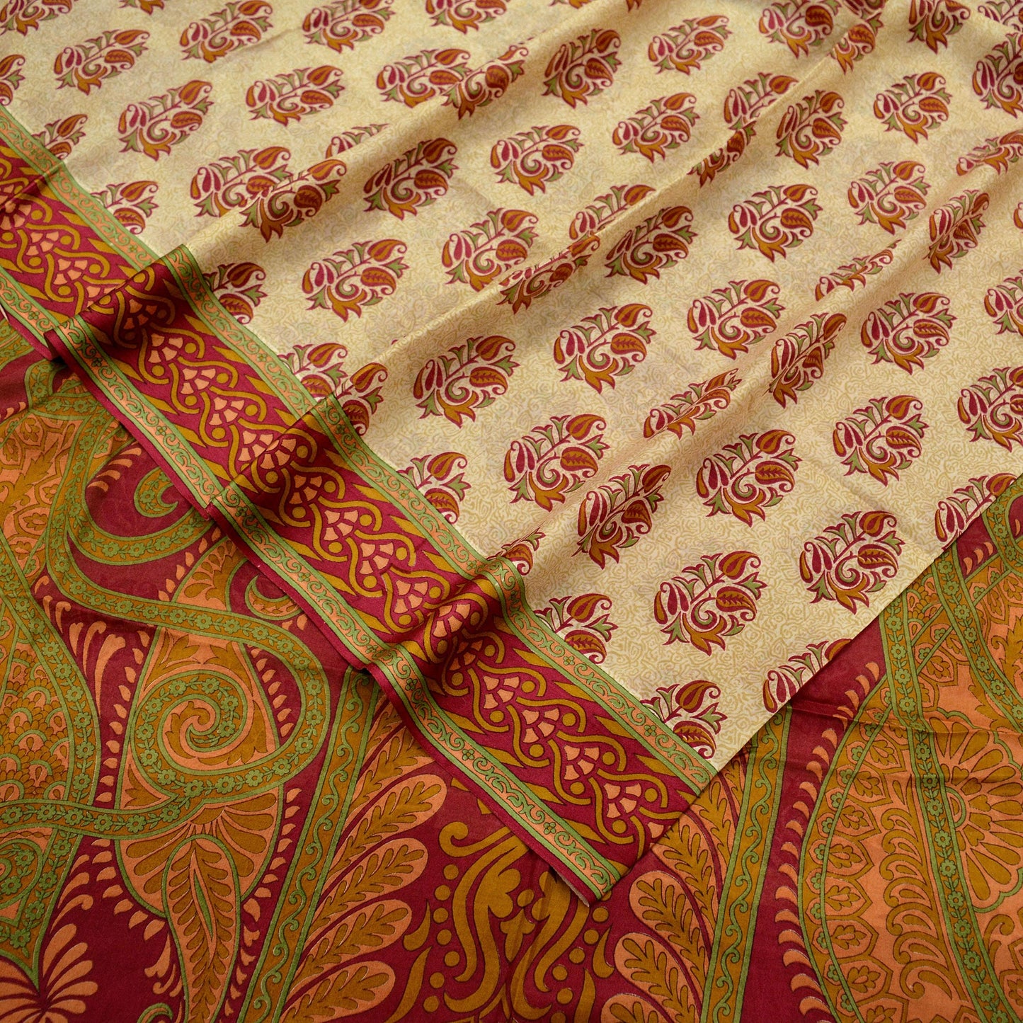 Indian Vintage Sari Red & Beige 100% Pure Silk Printed Sarees 5yd Craft Fabric Sewing Soft Dress Making Paisley Quilting Upcycle Crafting