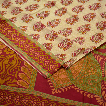 Indian Vintage Sari Red & Beige 100% Pure Silk Printed Sarees 5yd Craft Fabric Sewing Soft Dress Making Paisley Quilting Upcycle Crafting