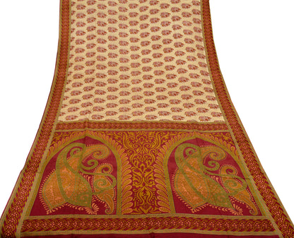 Indian Vintage Sari Red & Beige 100% Pure Silk Printed Sarees 5yd Craft Fabric Sewing Soft Dress Making Paisley Quilting Upcycle Crafting