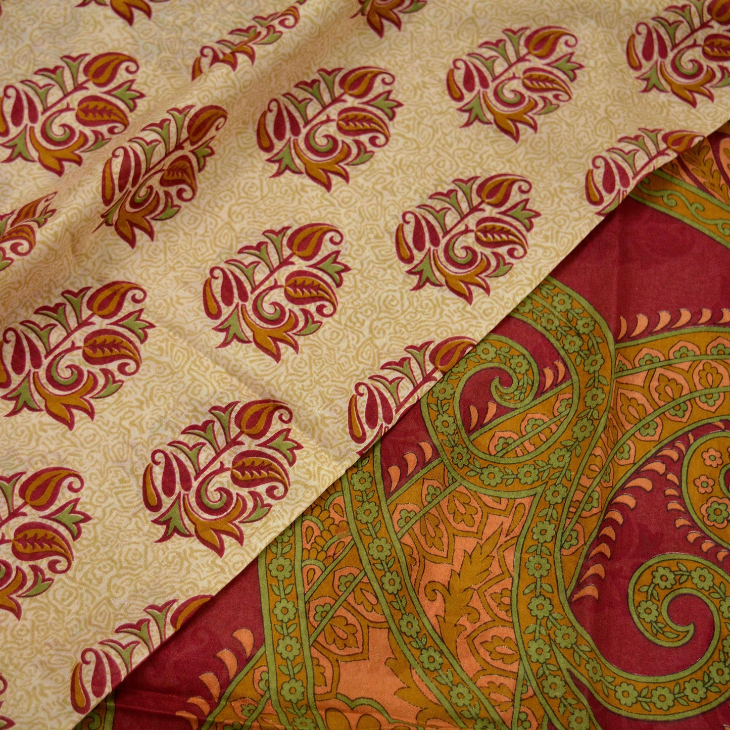 Indian Vintage Sari Red & Beige 100% Pure Silk Printed Sarees 5yd Craft Fabric Sewing Soft Dress Making Paisley Quilting Upcycle Crafting