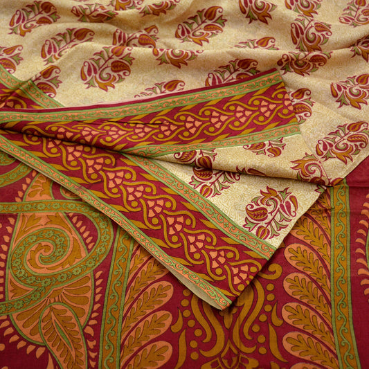 Indian Vintage Sari Red & Beige 100% Pure Silk Printed Sarees 5yd Craft Fabric Sewing Soft Dress Making Paisley Quilting Upcycle Crafting