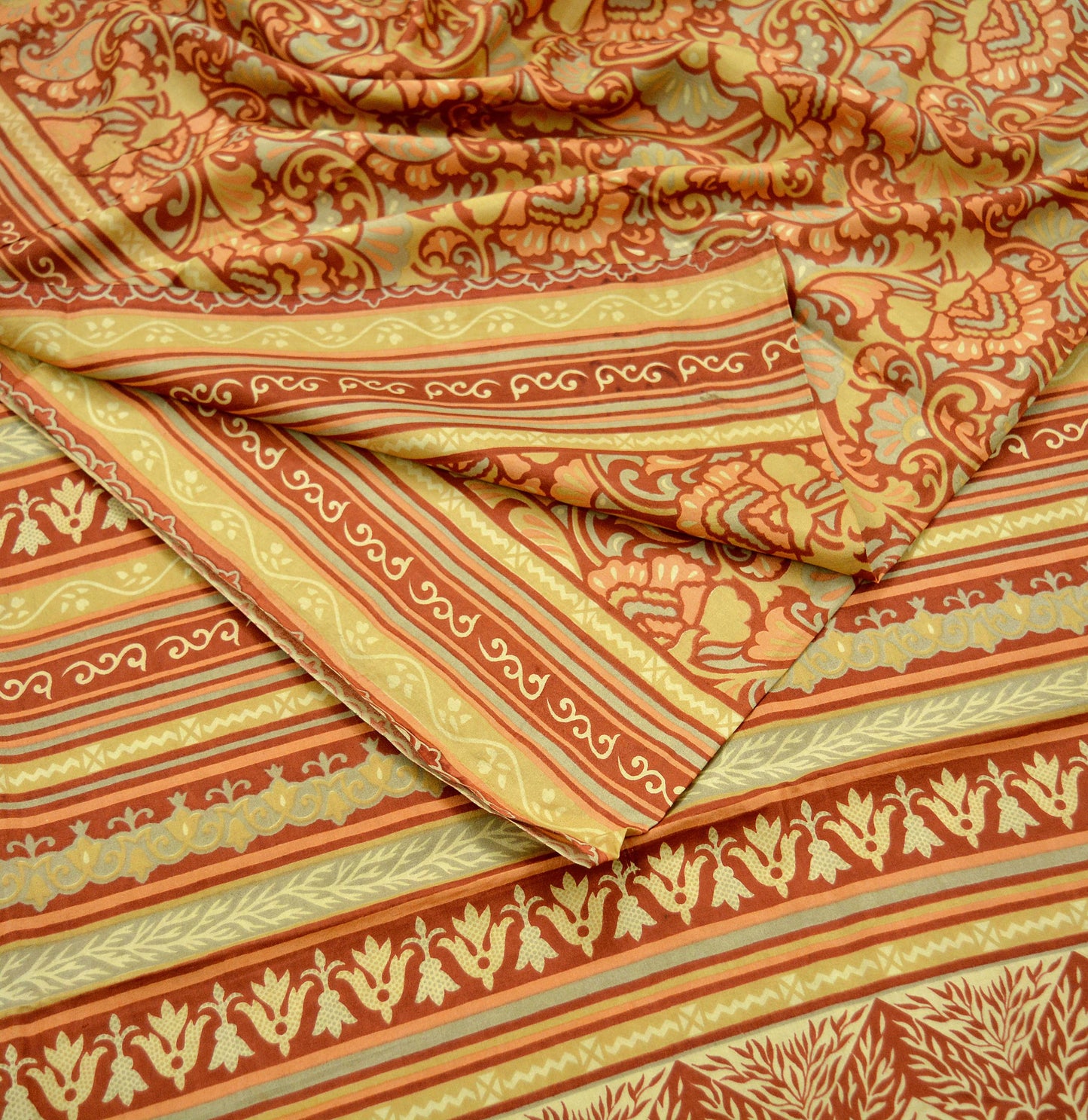 Indian Vintage Sari Rusty Orange 100% Pure Silk Printed Sarees 5yd Craft Fabric Sewing Soft Dress Making Floral Quilting Upcycle Crafting