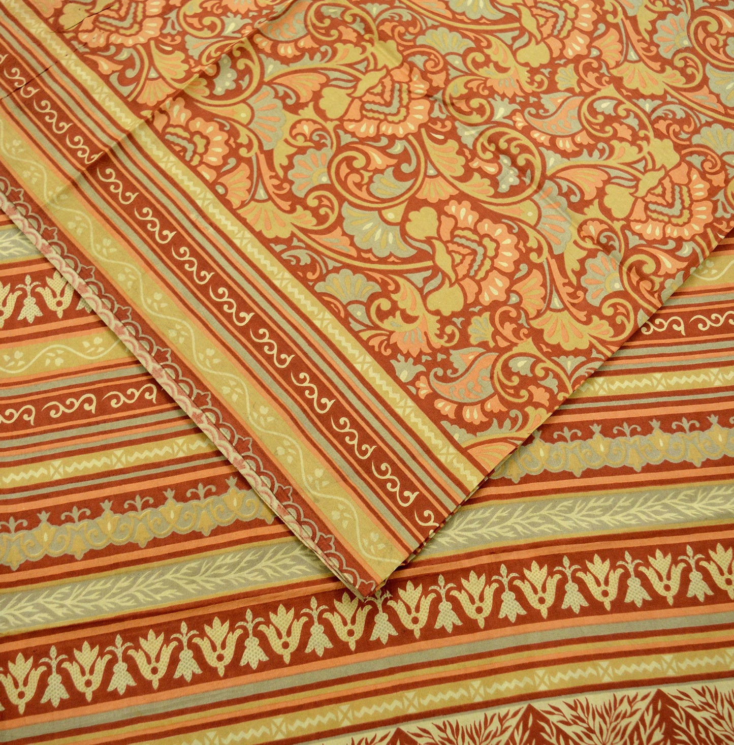 Indian Vintage Sari Rusty Orange 100% Pure Silk Printed Sarees 5yd Craft Fabric Sewing Soft Dress Making Floral Quilting Upcycle Crafting