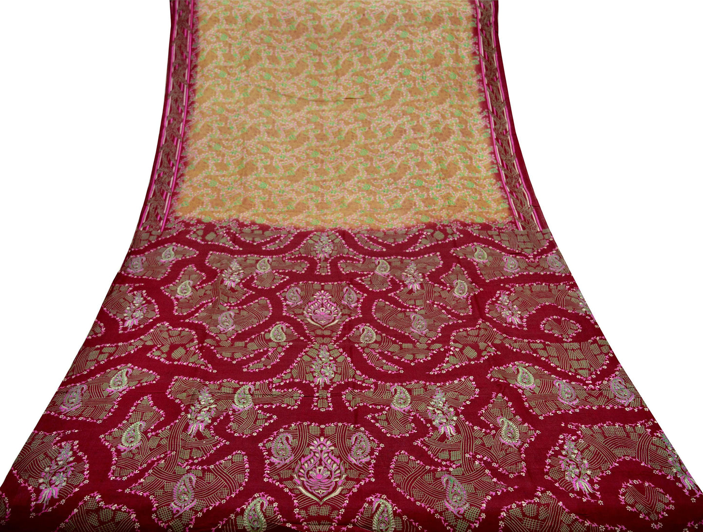 Indian Vintage Sari Beige & Maroon 100% Pure Silk Printed Sarees Craft Fabric 6yd Sewing  Dress Making Soft Floral Upcycle Quilting Crating