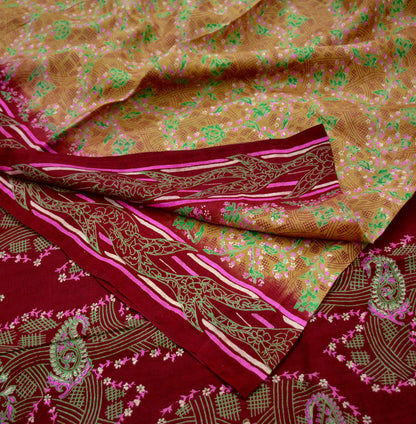 Indian Vintage Sari Beige & Maroon 100% Pure Silk Printed Sarees Craft Fabric 6yd Sewing  Dress Making Soft Floral Upcycle Quilting Crating