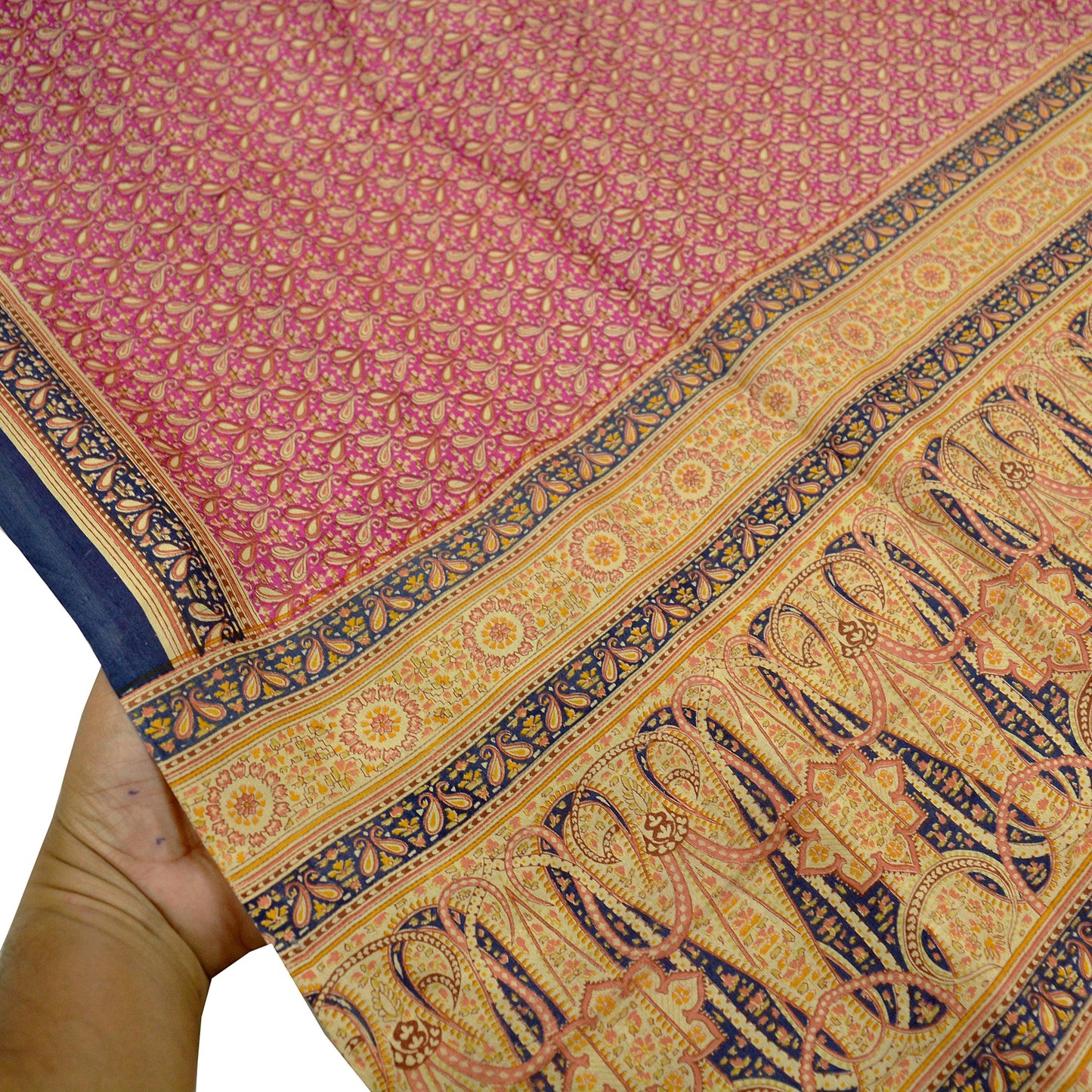 Indian Vintage Sari Pink & Beige Pure Silk Printed Sarees 6yd Sewing Craft Fabric Dress Making Soft Floral Paisley Upcycle Quilting Crafting