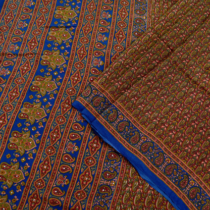 Indian Vintage Sari Blue & Maroon Pure Crepe Silk Printed Sarees 5yd Sewing Craft Fabric Paisley Soft Ethnic Quilting Crafting Upcycle Used