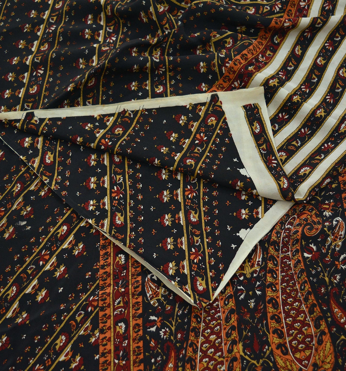 Indian Vintage Sari Black Pure Crepe Silk Printed Sarees 5yd Sewing Craft Fabric Soft Wrap Upcycle Crafting Dress Designing Quilting Paisley