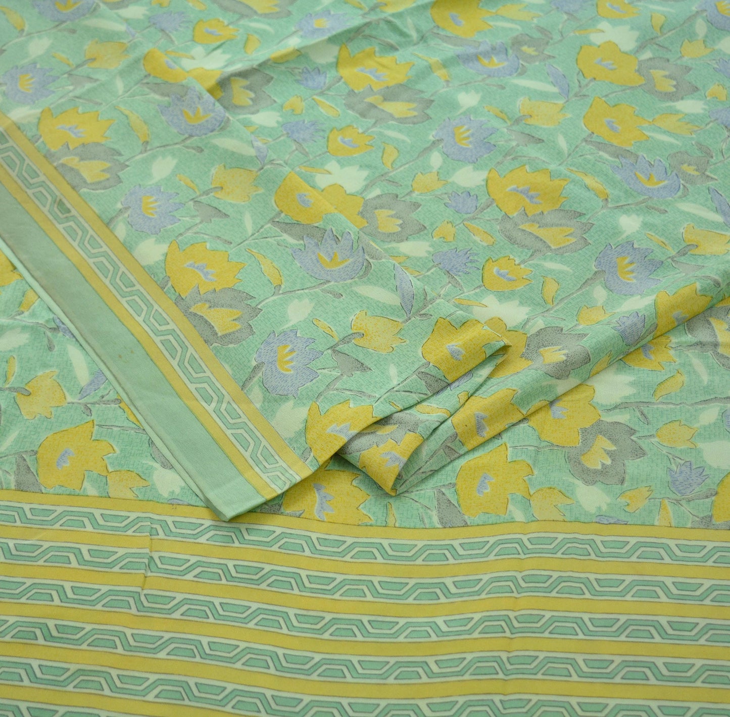 Indian Vintage Sari Green Pure Crepe Silk Printed Sarees 5yd Sewing Craft Fabric Floral Soft Wrap Quilting Dress Making Upcycle Crafting