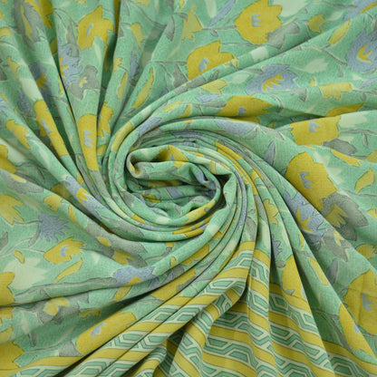 Indian Vintage Sari Green Pure Crepe Silk Printed Sarees 5yd Sewing Craft Fabric Floral Soft Wrap Quilting Dress Making Upcycle Crafting